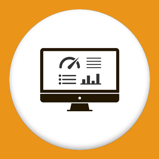 Desktop computer screen featuring a speedometer, graph, and black lines icon in a white circle on top of an orange square background.