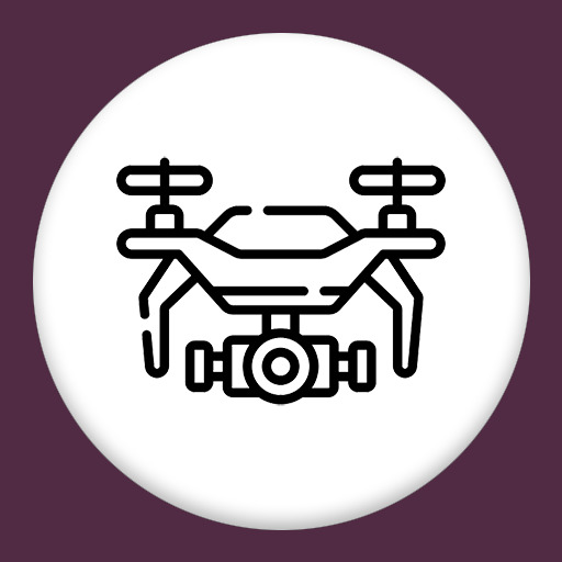 Drone holding a camera icon in a white circle with a dark purple background.