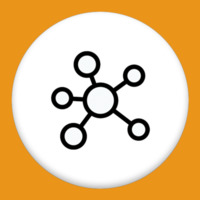 Five-pronged module with black outlines circle on inside and ends icon inside a white circle with orange background.