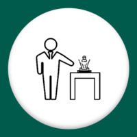 Person icon pointing at trophy sitting on a table all inside a white circle on a dark green square background.