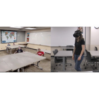Two side by side images of a classroom and a person wearing VR headset.