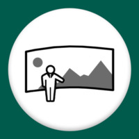 Person icon pointing at large IQ wall with a mountain sunset view on screen in a white circle on a dark green square background.
