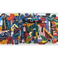 Multi-colored dimensional artwork with square white background.