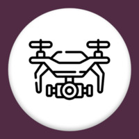 Drone holding a camera icon in a white circle with a dark purple background.