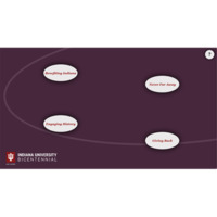 Indiana University bicentennial goals in red text fit inside blank ovels on a dark purple background with a white square background.