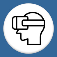 Human head wearing VR headset icon on a white circle over a light blue background.